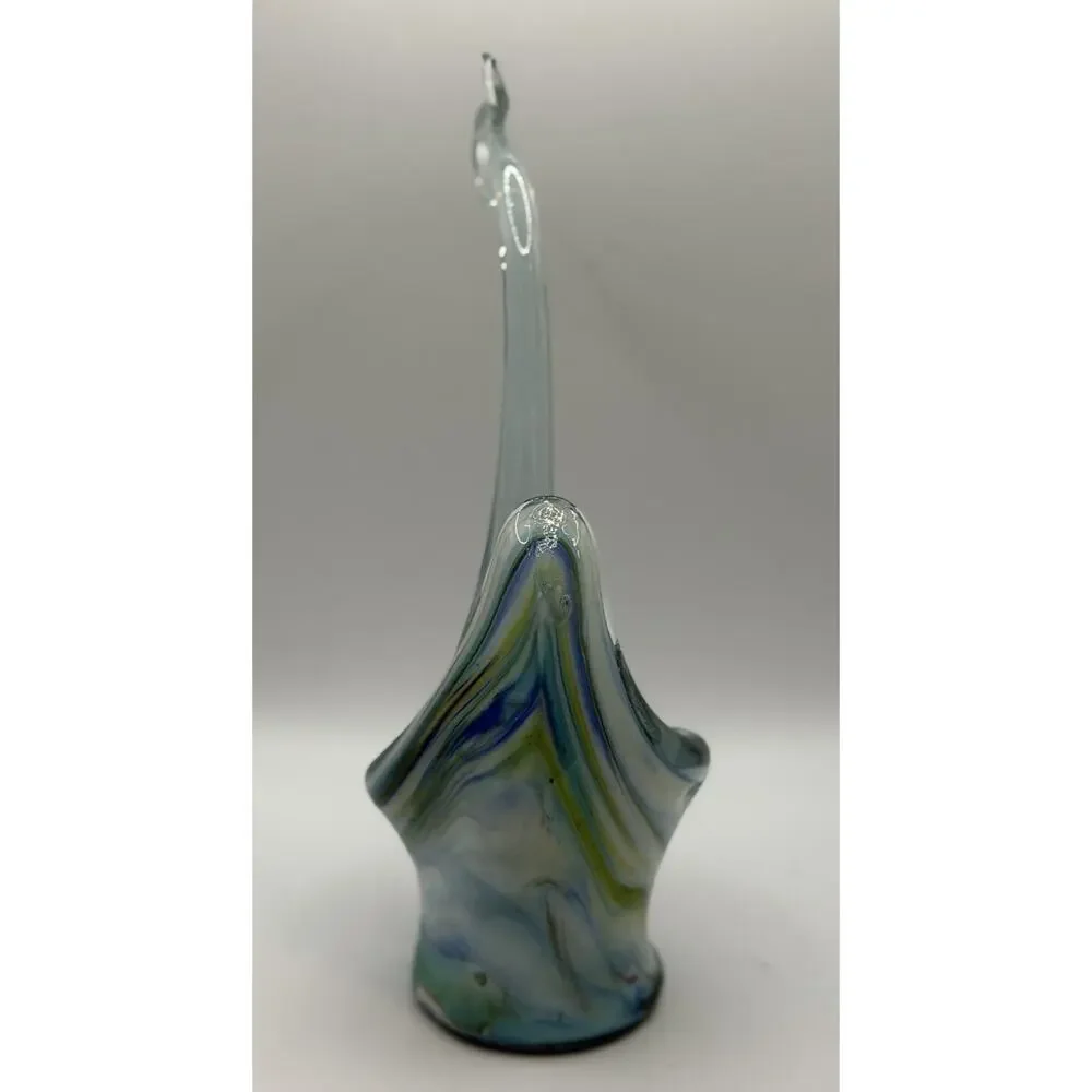 Vintage Hand Blown Art Glass Swan Vase Blue Slag Swirl MCM 10.5”